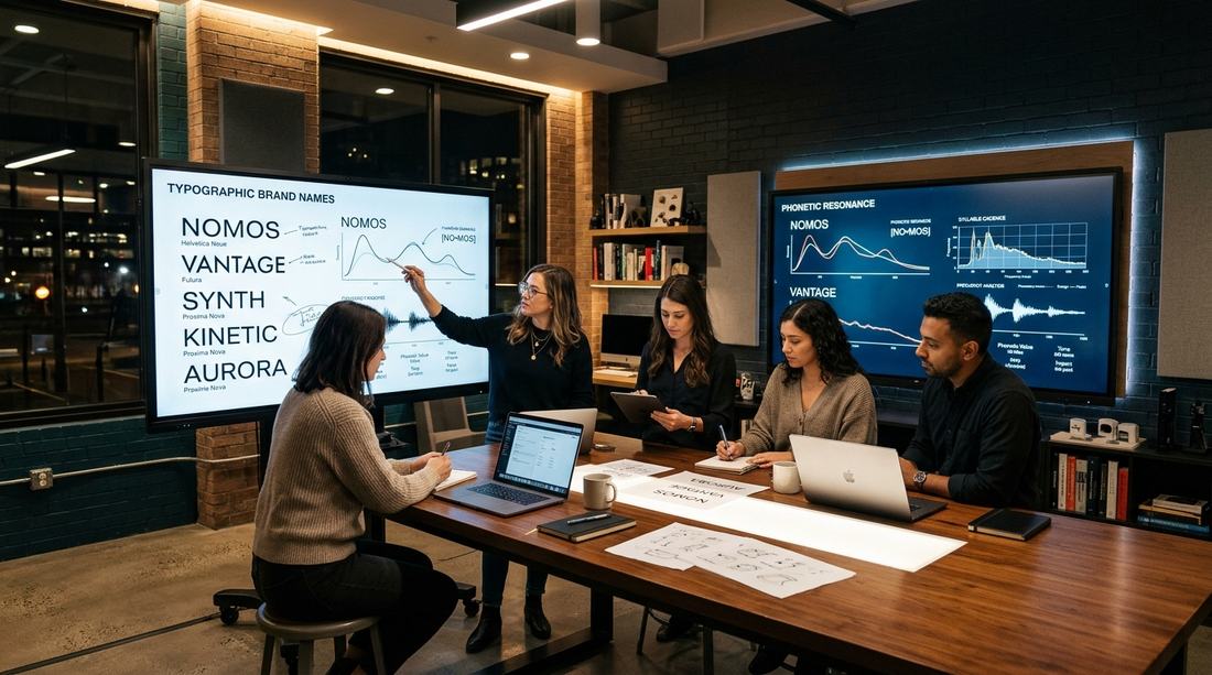 Brand naming agency studio analyzing typographic names, phonetic resonance, and syllable cadences