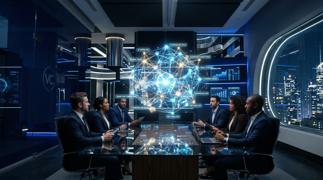 Venture capital boardroom evaluating generative artificial intelligence and .ai domain investments