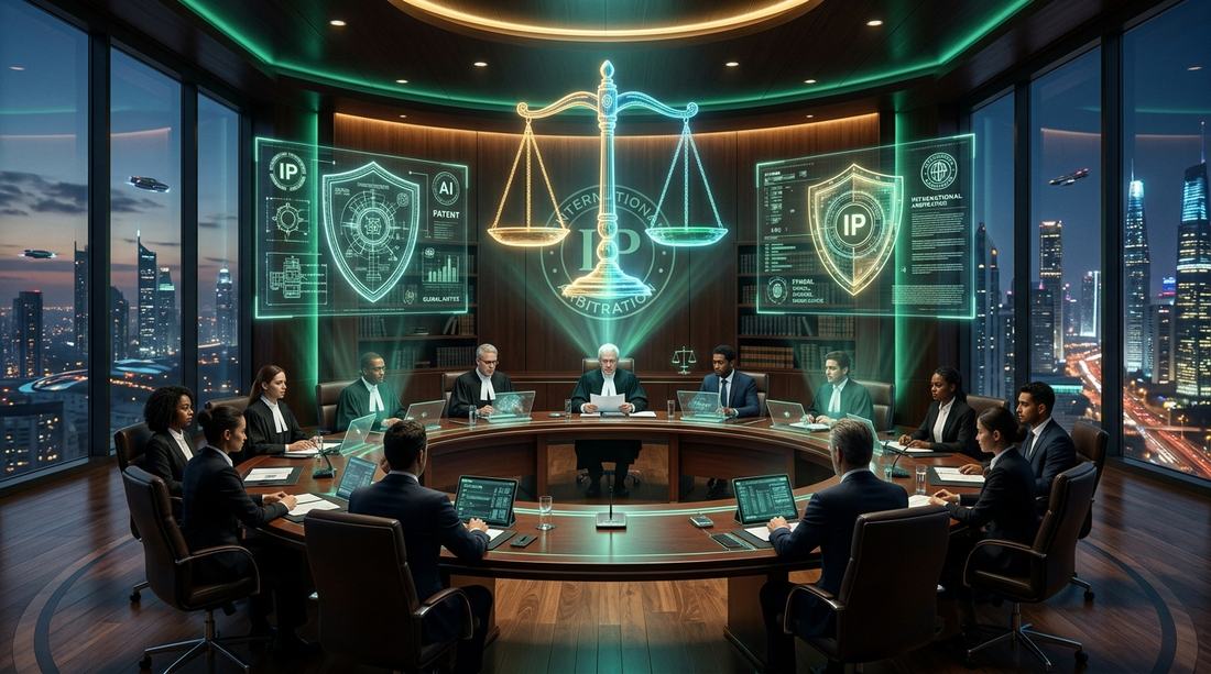 International intellectual property arbitration chamber with digital scales of justice and legal shields